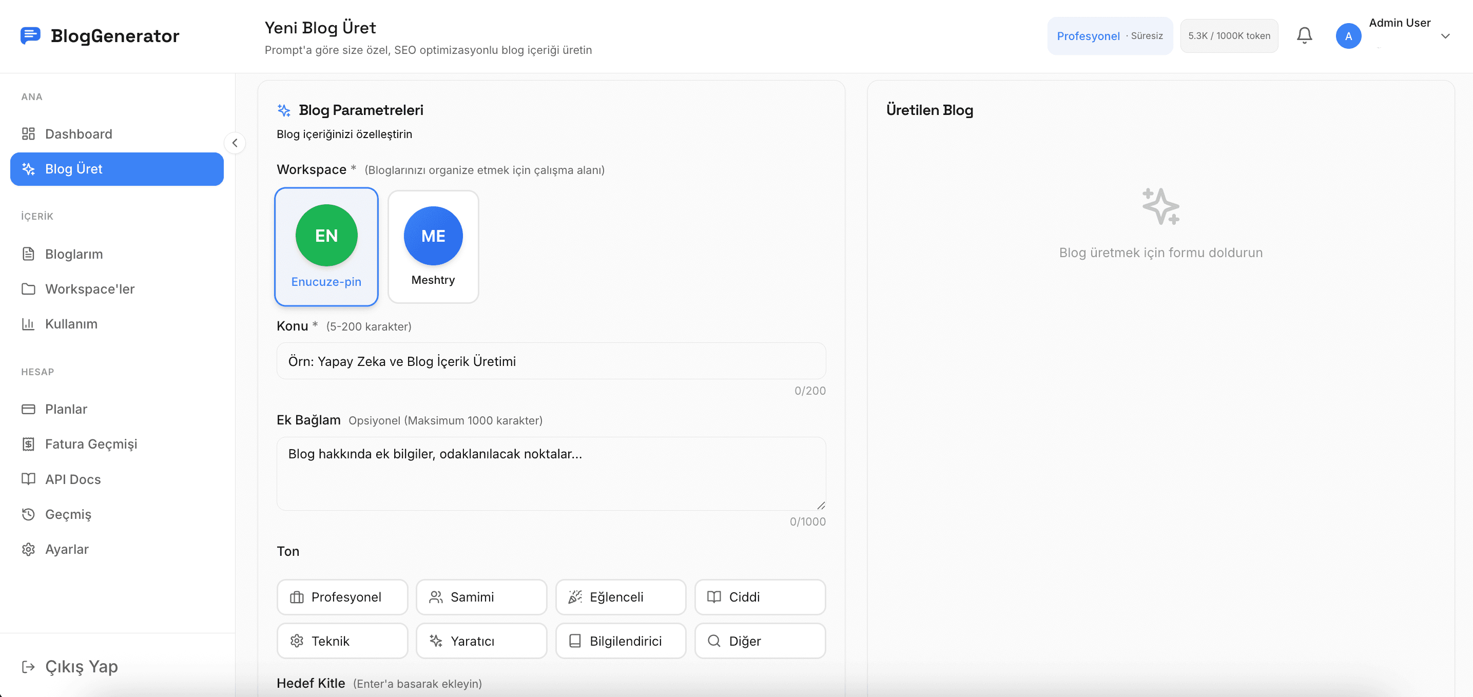 BlogGenerator — Yeni Blog Üret ekranı